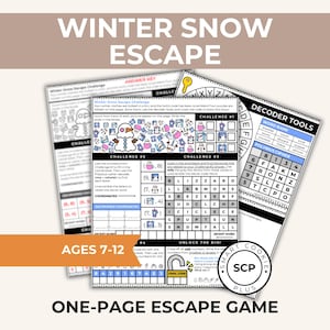 Stanza di fuga invernale sulla neve per bambini / Puzzle di fuga di una pagina / Gioco di puzzle stampabile / Età 7-12
