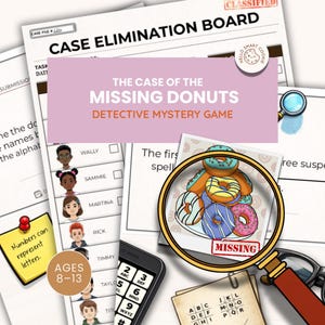 Juego de misterio y detectives de cumpleaños para niños de 8 a 13 años: El caso de las donas desaparecidas - Actividad imprimible para fiestas de cumpleaños y para el aula.