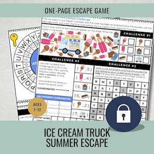 May include: A two-page escape game with an ice cream truck theme. The game includes challenges, puzzles, and a secret code to solve. The game is designed for ages 7-12 and features colourful illustrations of ice cream treats and an ice cream truck.