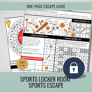Escape Room con temática de vestuario deportivo para niños / Rompecabezas de escape de una página con temática deportiva / Rompecabezas de lógica imprimible / Edades: 7–12