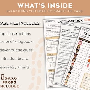 Printable game kit with clue pages, elimination board, case file, and answer key