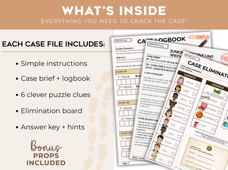 Printable game kit with clue pages, elimination board, case file, and answer key