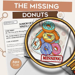 Juego de misterio y detectives para niños / Juego imprimible para fiestas de cumpleaños / El caso de las donas desaparecidas / Edades: 7–12