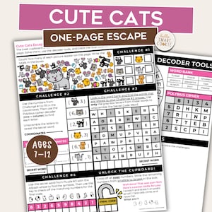 Leuke katten escape room van één pagina – Printbaar spel voor kinderfeestjes – Puzzelspel voor kinderen – Mini escape room – Spelletjesavond met het gezin – Spel voor in de klas