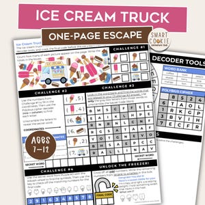Ice Cream Truck One-Page Escape Room – Printable Summer Game – Kids Puzzles – Mini Escape Room – Family Game Night – Classroom Activity
