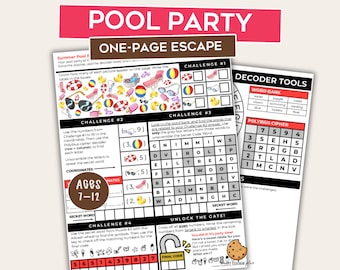 Summer Pool Party One-Page Escape Room – Printable Party Game – Kids Puzzle Game – Mini Escape Room – Family Game Night – End of Year