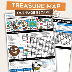 Juego de escape de una página con mapa del tesoro – Juego imprimible para fiestas de piratas – Juego de rompecabezas para niños – Mini sala de escape – Noche de juegos en familia – Juego para el aula