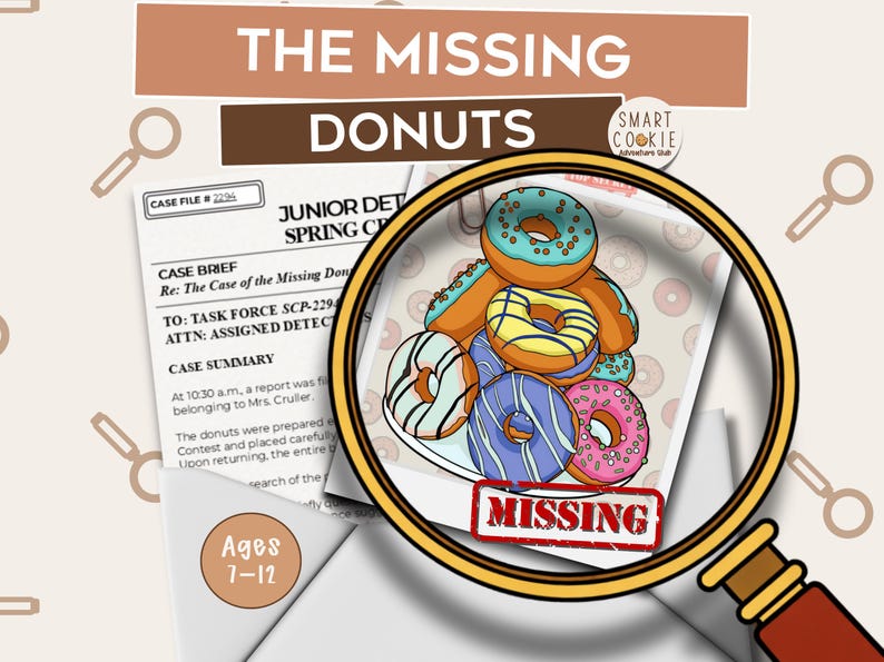 Printable mystery game for kids – The Case of the Missing Donuts cover with magnifying glass and clue board