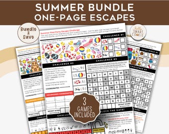 Summer Escape Games for Kids – 3 One-Page Printable Escape Rooms – Summer Birthday Party Activities – Classroom Games – Family Puzzle Bundle