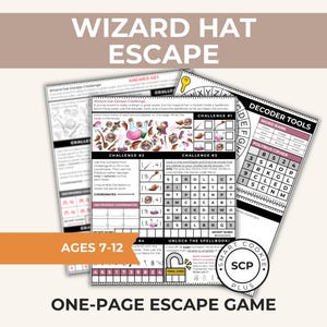 Pokój zagadek „Czarodziejski Kapelusz” dla dzieci | Jednostronicowa układanka ucieczki | Gra w łamanie kodów do druku | Wiek 7–12 lat