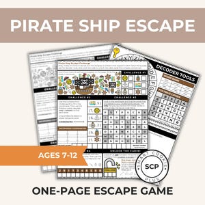 Pokój zagadek „Statek piracki” dla dzieci | Jednostronicowa układanka | Gra w łamanie kodów do druku | Wiek 7–12 lat