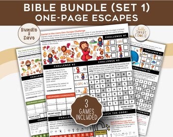 Bible Escape Room Bundle for Kids – 3 One-Page Bible Escape Games – Sunday School Printables – Church Games – Family Bible Games – Set 1