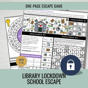 Escape Room de la Biblioteca para Niños / Rompecabezas de Escape de la Biblioteca de una Página / Rompecabezas de Lógica Imprimible / Edades 7–12