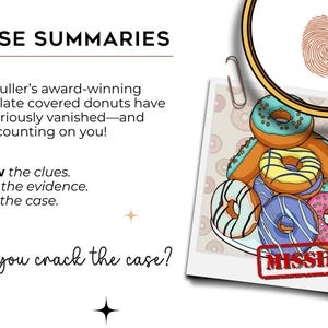 Story page from donut mystery printable showing missing donuts case setup