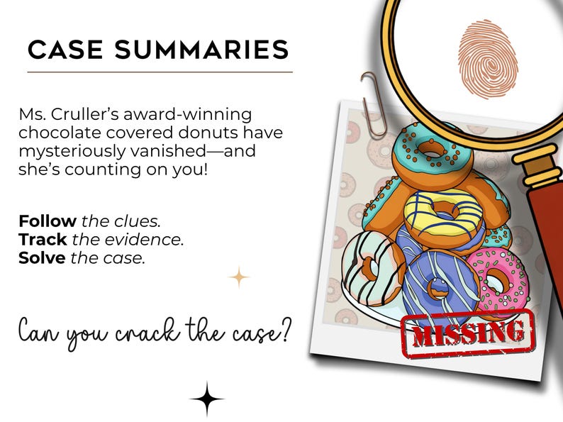 Story page from donut mystery printable showing missing donuts case setup
