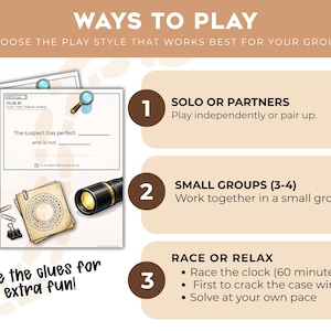 Ways to play printable detective mystery game for kids, showing solo, partner, small group, timed, competitive, and relaxed play options, plus a clue-hiding challenge.