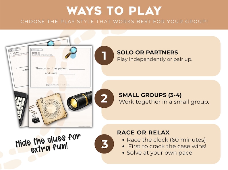 Ways to play printable detective mystery game for kids, showing solo, partner, small group, timed, competitive, and relaxed play options, plus a clue-hiding challenge.