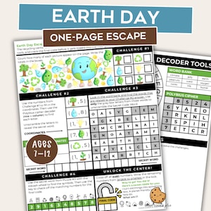 Juego de escape de una página para niños con motivo del Día de la Tierra / Juego imprimible para el aula / Mini sala de escape / Juego de acertijos con código secreto / Edades: 7-12 años