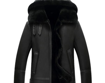 Bomber à capuche pour homme B3 MF7 Aviator Pilot Flying Veste en cuir de mouton véritable Manteau noir en peau de mouton retournée - Blouson Raf véritable homme