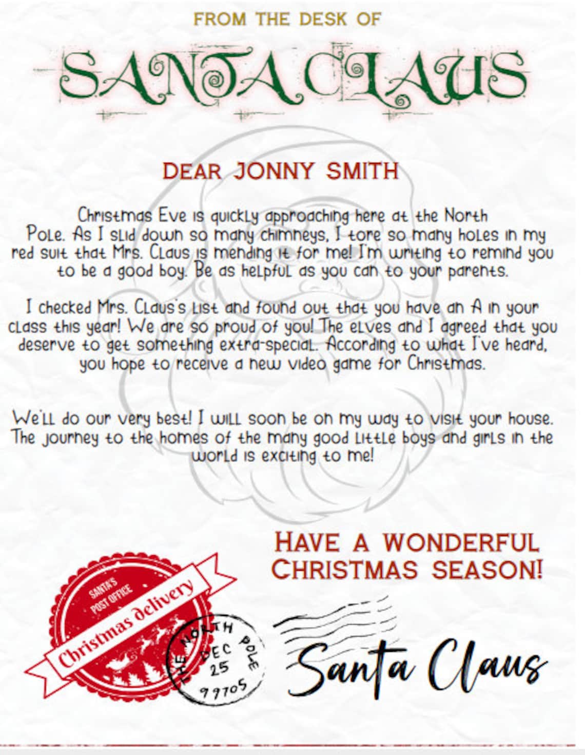Editable Letter From Santa Claus Santa Letter From the Desk of Santa
