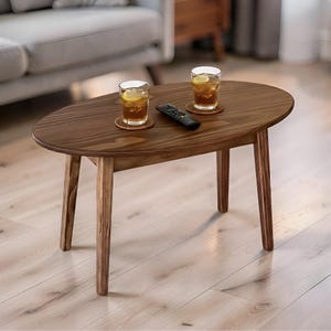 Small Handmade Oval Coffee Table – Mid-Century Solid Wood, Oak or Pine, Splayed Tapered Legs