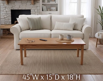 Solid Red Oak Narrow Coffee Table, Handmade, Small Apartments, Custom Sizes and Stains