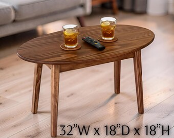 Small Handmade Oval Coffee Table – Mid-Century Solid Wood, Oak or Pine, Splayed Tapered Legs