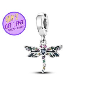 Colorful Dragonfly Dangle Charm For Bracelet, Beaded Dragonfly Charm, Animal Theme Charm, Sterling Silver Charm