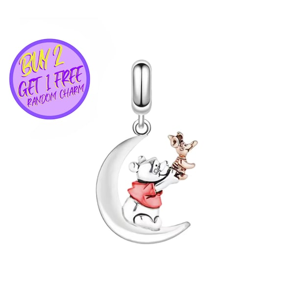 Winnie Moon Charm For Bracelet, Cartoon Charm, Bear Charm, Sterling Silver Charm