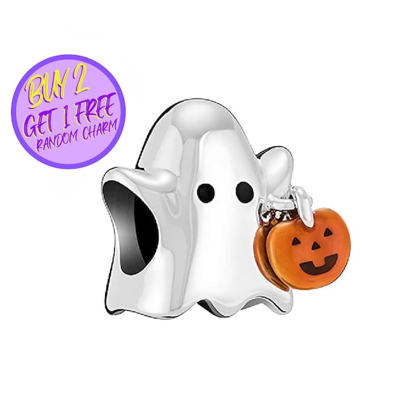 Halloween Ghost With Pumpkin Charm For Bracelet, Ghost Charm, Pumpkin Charm, Trick or Treat Halloween Charm, Sterling Silver Charm