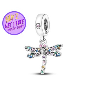 Dragonfly Dangle Charm For Bracelet, Beaded Dragonfly Charm, Animal Theme Charm, Sterling Silver Charm