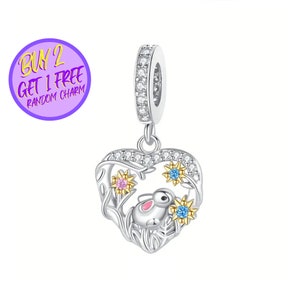 Rabbit Heart Dangle For Bracelet, Animal Theme Charm, Gift Charm, Bunny Charm, Sterling Silver Charm