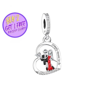 Simply Meant To Be Couple Heart Charm For Bracelet, Couple Skeleton Charm, Halloween Charm, Sterling Silver Charm