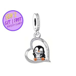 Cute Penguin I Love You Forever Heart Dangle Charm For Bracelet, Animal Charm, Sterling Silver Charm