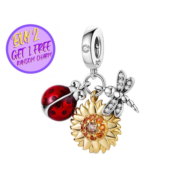 Ladybug, Dragonfly And Sunflower Charm For Bracelet, Ladybug Charm, Sunflower Charm, Dragonfly Charm, Animal Charms, Sterling Silver Charm