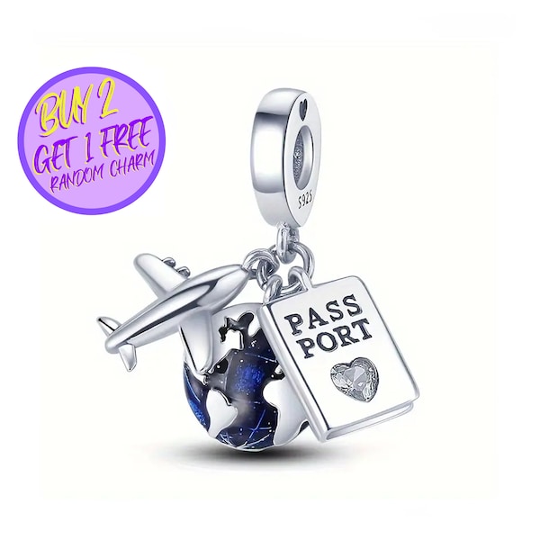 Travel The World Charm For Bracelet, Plane and Passport Charm Designer Charm For Bracelet, Christmas Gifts For Her