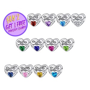 Heart Birthstone Charm For Bracelet, Infinity Birthstone Charm, Birthstone Charm, Christmas Gift, Sterling Silver Charm
