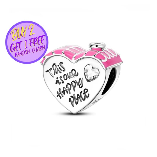 Happy Place House Charm For Bracelet, Pink Heart Charm For Bracelet, Gifts For Her, Birthday Gifts
