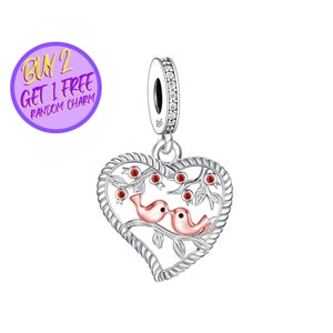 Pingente de pássaros em forma de coração para pulseira, pingente com tema animal em ouro rosa, pingente de prata esterlina