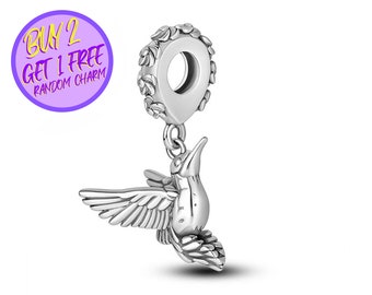 Hummingbird Dangle Charm For Bracelet, Animal Theme Charm, Sterling Silver Charm