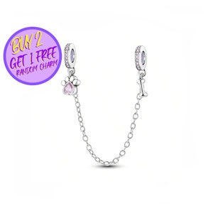 Paw And Bone Safety Chain Charms For Bracelet, Sterling Silver Charm, Safety Charm