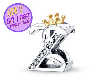 Crown Z Letter Charm For Bracelet, Z Letter Charm, Crown Letters Charm, Alphabet Charms, Sterling Silver Charm