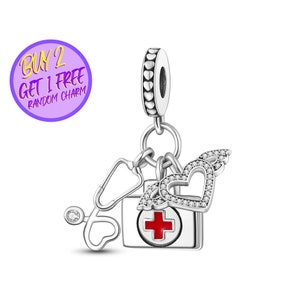 Angel Wings Heart, Stethoscope Dangle Charm For Bracelet, Hospital Charm, Nurse Charm, Medical Charm, Doctor Charm, Sterling Silver Charm