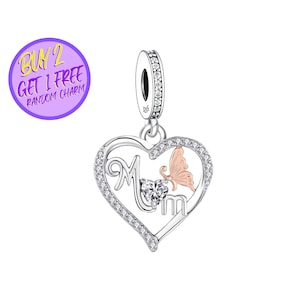 Mom Butterfly Charm For Bracelet, Heart Charm, Dangle Charm, Mother Gift, Sterling Silver Charm