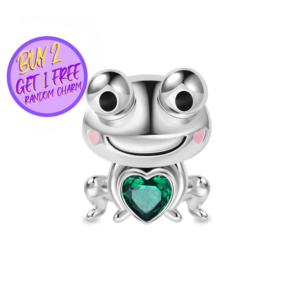 Frog Charm For Bracelet, Animal Charm, Frog Hold Green Heart Charm, Sterling Silver Charm, Gift For New Mom