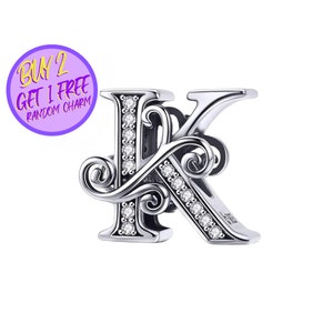 Charm lettre K calligraphique pour bracelet, breloque lettre K, breloque lettre calligraphie, breloques alphabet, breloque en argent sterling
