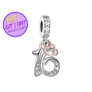 16th Charm For Bracelet, Beaded Birthday Charm, 16th Birthday Charm, Gifts For Her, Heart Birthday Charm, Sterling Silver Charm