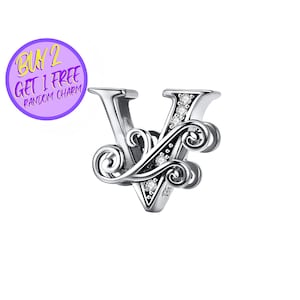 Breloque calligraphique lettre V pour bracelet, breloque lettre V, breloque lettre calligraphie, breloques alphabet, breloque en argent sterling
