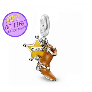 Sheriff Boot Dangle Charm For Bracelet, Star And Shoe Dangle Charm, Birthday Gift For Mother, Sterling Silver Charm