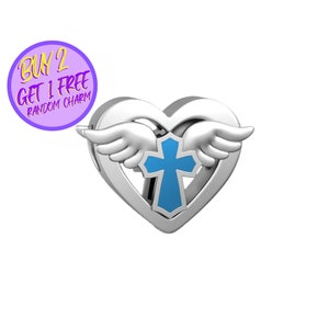Cross Wings Heart Charm For Bracelet, Blue Cross Charm, Birthday Gifts For Her, Heart Charm For Bracelet, Religious Charm For Bracelet